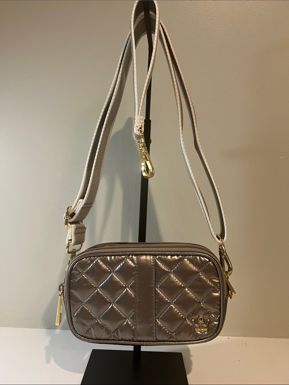 Oliver Thomas Triple Threat Quilted Metallic silver Crossbody with Gold Hardware